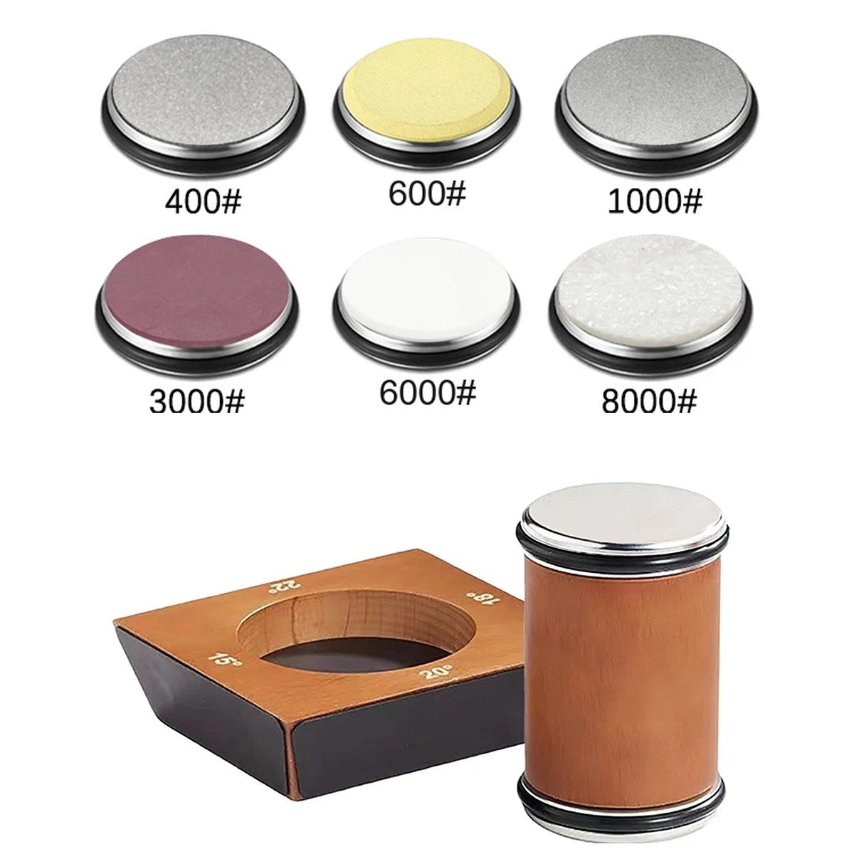 Afilador de rodillo con base de madera y 6 discos, grano 400 a 8000