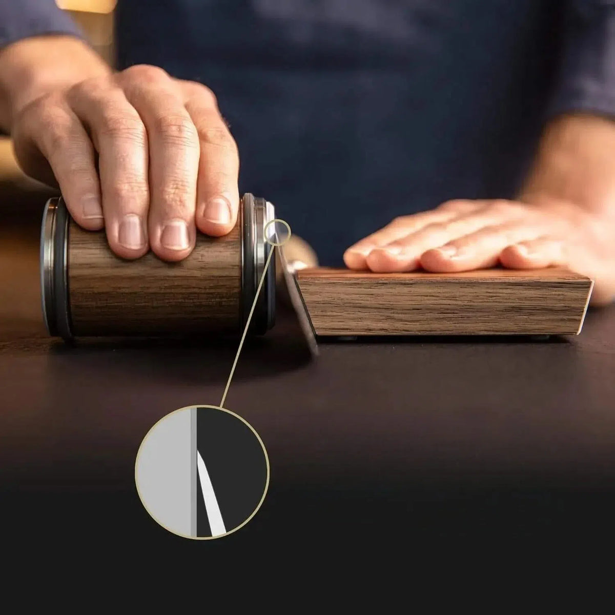 Afilador de cuchillos de rodillo de madera