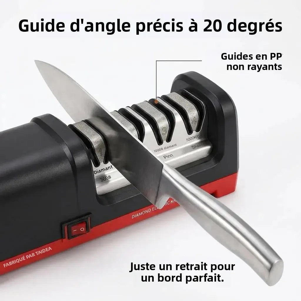Cuchillo pasado por la guía de ángulo de 20° del afilador eléctrico