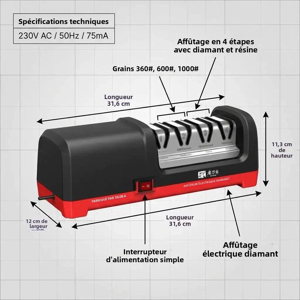 Dimensiones del afilador eléctrico de 4 etapas: 31,6 × 12 × 11,3 cm