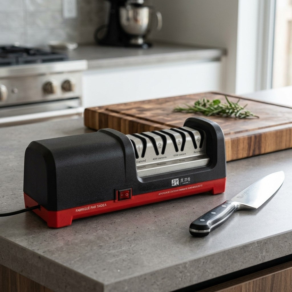 Afilador eléctrico de 4 etapas sobre una encimera de cocina